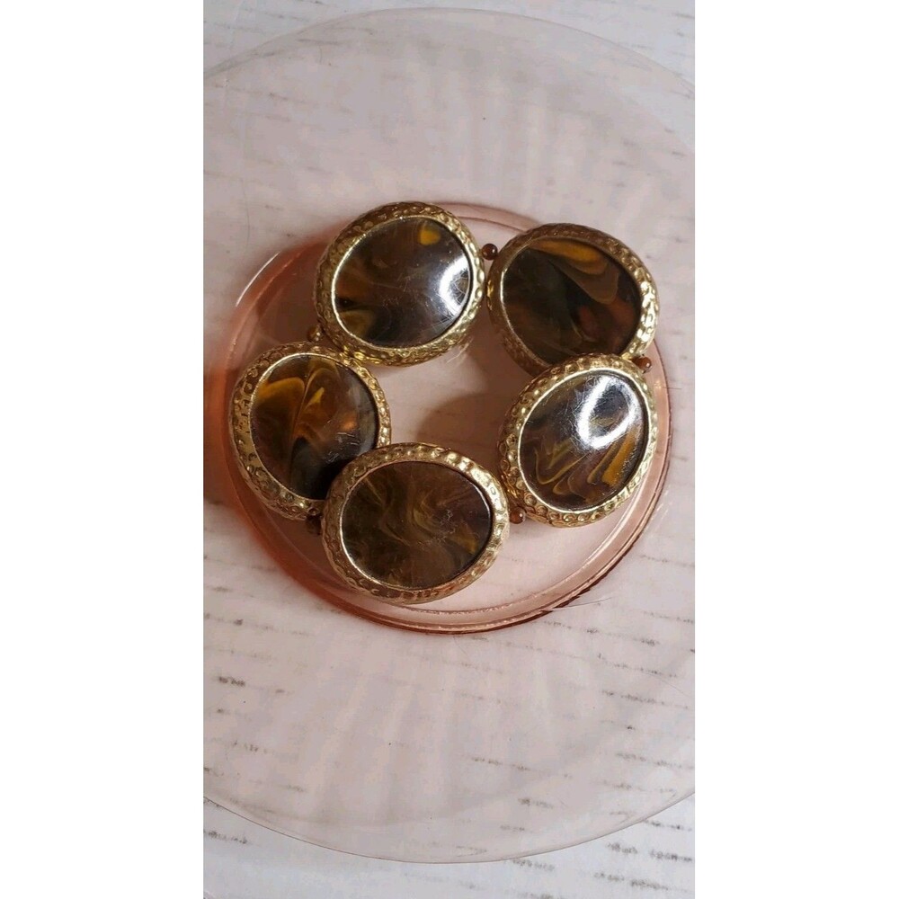 Vintage Faux Tortoise Shell Lucite Stretch Chunky Bracelet Gold Tone